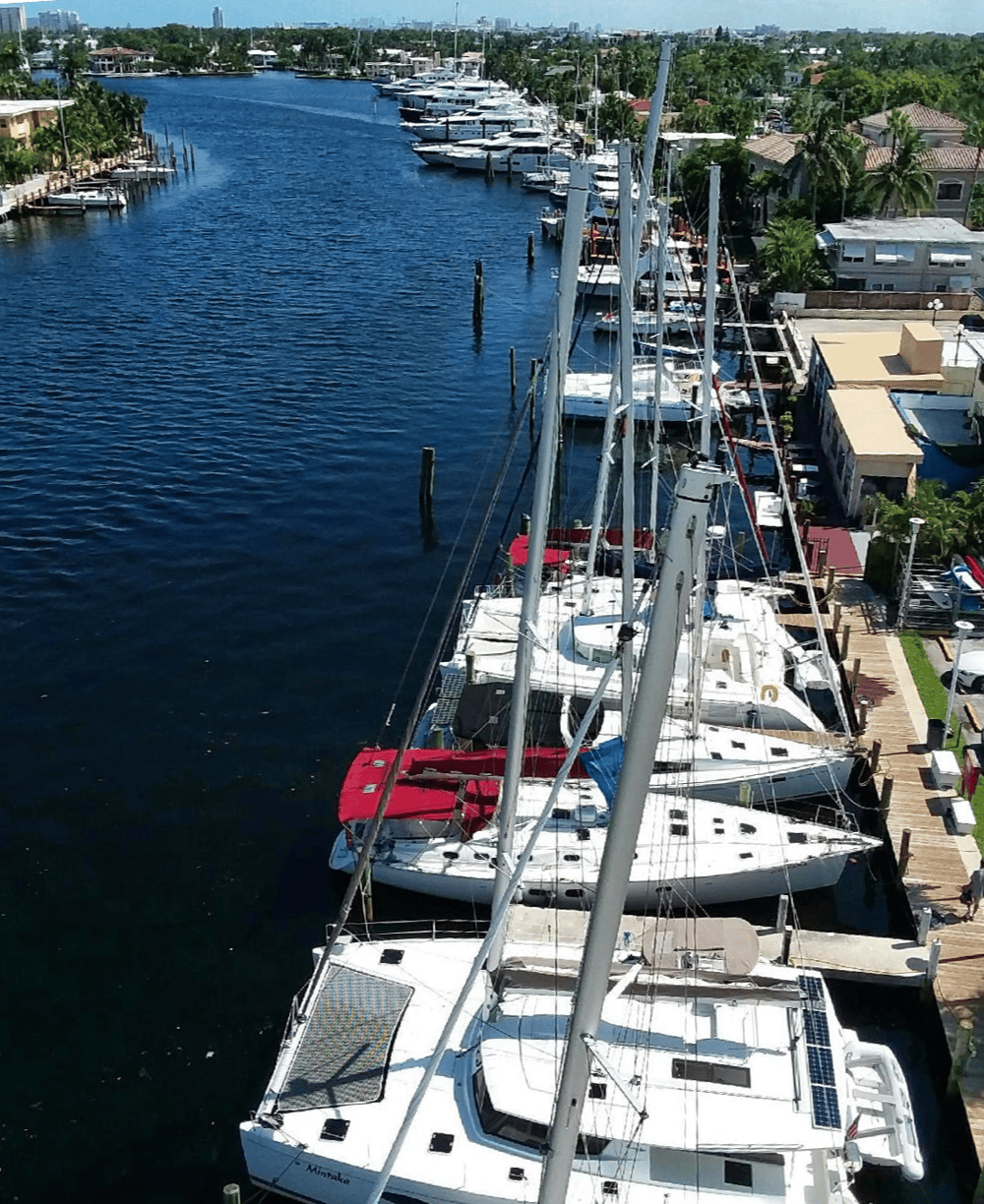 Fun In The Sun Yachts Private Marina in Fort Lauderdale Florida arial view take from a mast of a catamaran